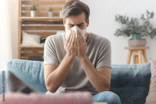 Young man suffering from runny nose or nasal blocking. Common cold or flu patient with rhinitis photo