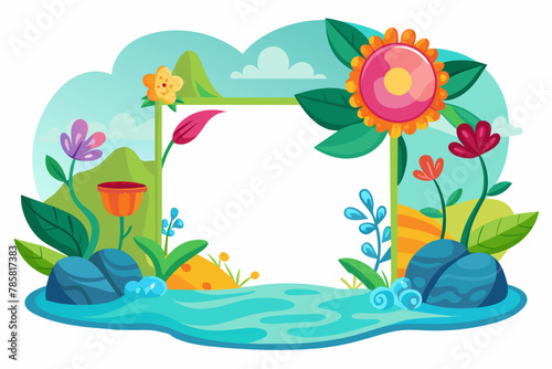 Charming cartoon frame with vibrant flowers adorns a pristine white background.