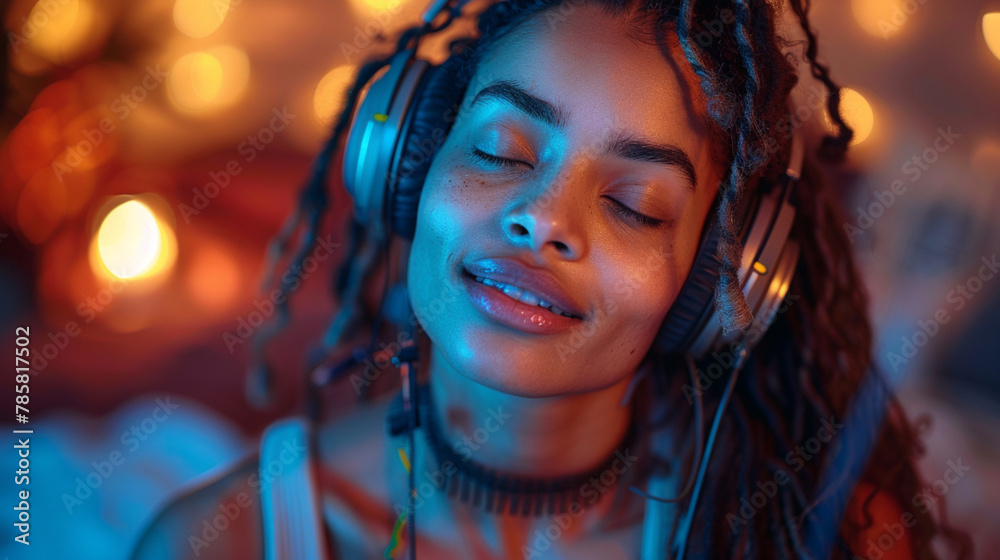 Smiling brunette model in stylish black headphones lost in music in a studio Smiling brunette model in stylish black headphones lost in music in a studio