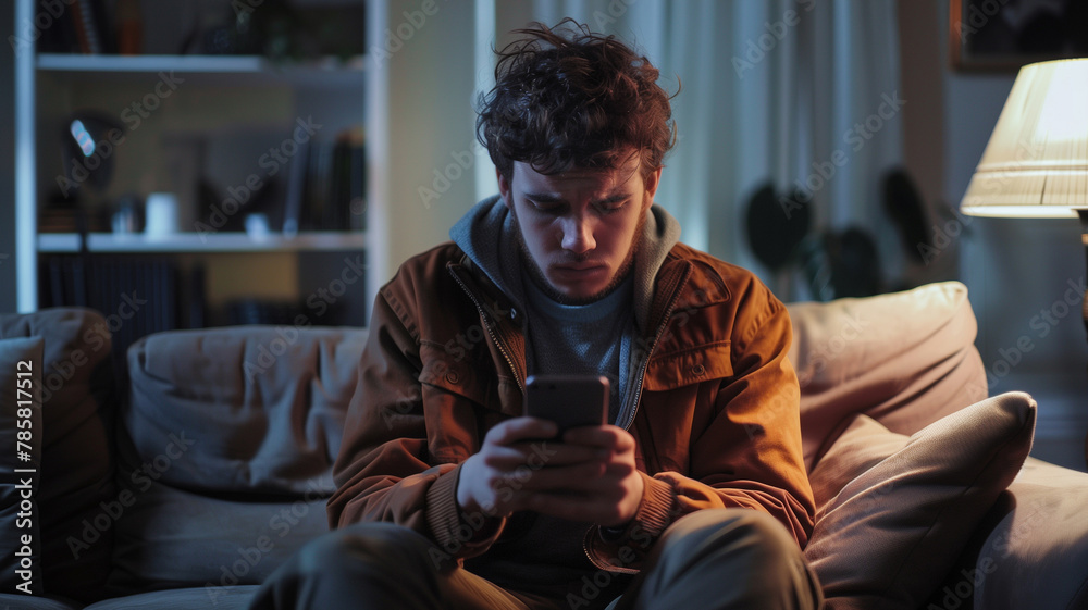 Upset Young Man Using Smartphone at Home Upset Young Man Using Smartphone at Home