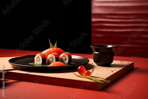 Food Photography, plates of sushi and other Japanese cuisine, in the style of Food and beverage advertisements © sirisak