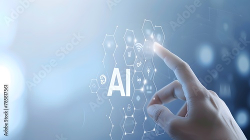 A hand touching the word AI on an interactive screen  surrounded by hexagons in shades of blue and white  representing artificial intelligence technology