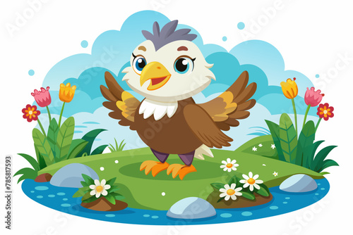 The charming cartoon eagle perches amidst blooming flowers.