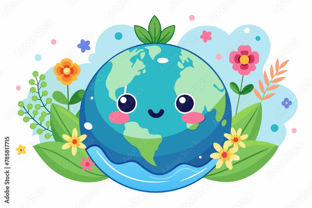 Fototapeta premium Earth in cartoon form with flowers on a white background.