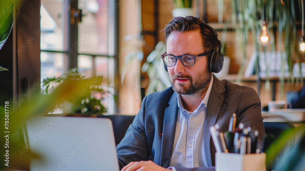 Man with Headphones Using Laptop Man with Headphones Using Laptop