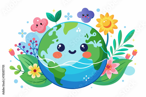 A charming cartoon Earth adorned with vibrant flowers against a pristine white background.