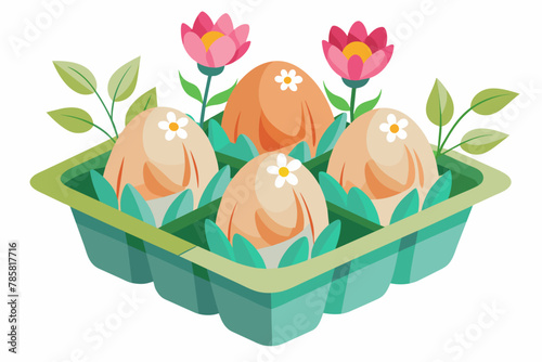 Charming egg cartoon with blooming flowers on a pristine white backdrop