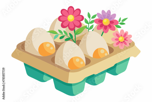 A charming egg cartoon adorned with colorful flowers on a pure white background.