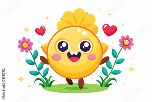 An adorable cartoon character with a charming smile and a bouquet of vibrant flowers.