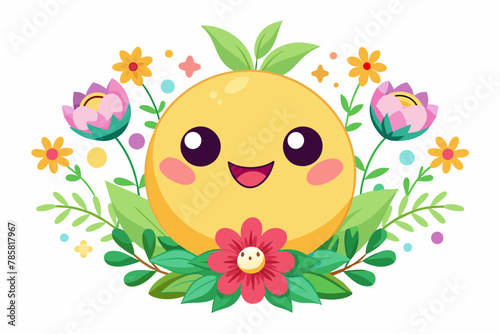 A charming emoji face adorned with vibrant flowers against a pristine white backdrop.