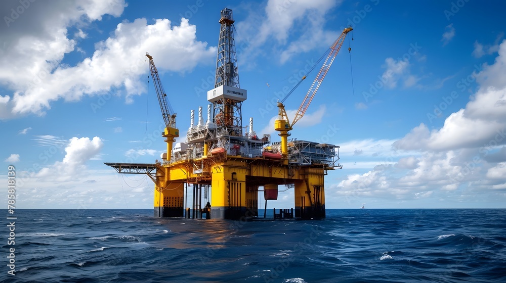 A oil platform in the middle of an ocean, with a sky blue. The oil rig stands tall on its base with several colorful lights shining brightly against the backdrop of deep blues and whites. 