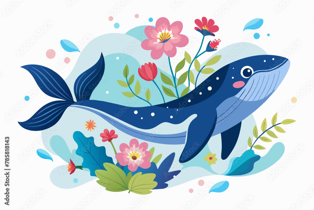 Charming fish, whale, and animal with flowers on a white background.