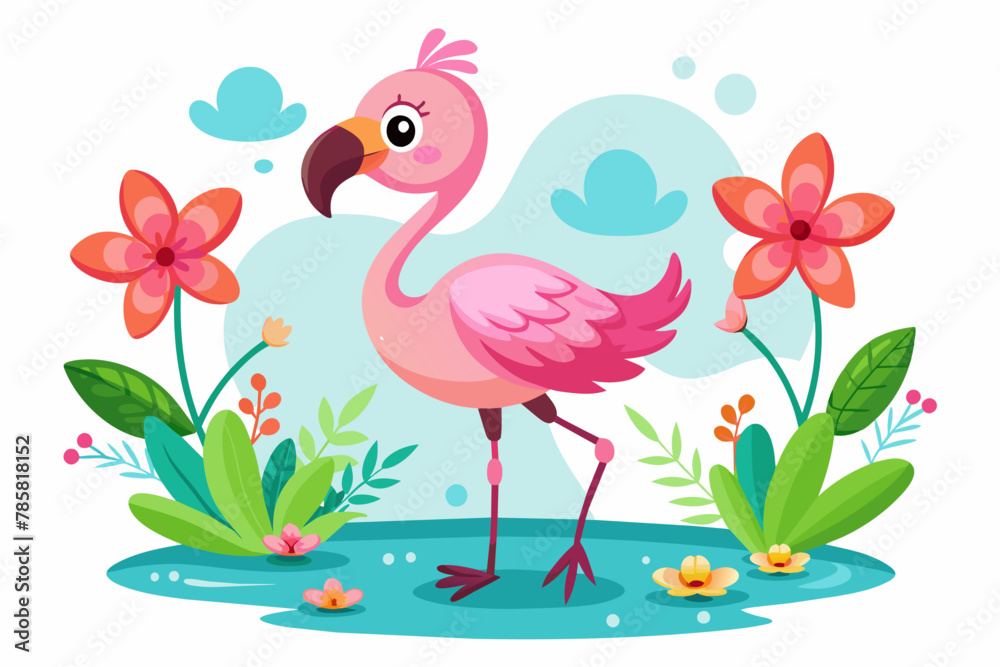 Charming flamingo cartoon animal adorned with vibrant flowers.