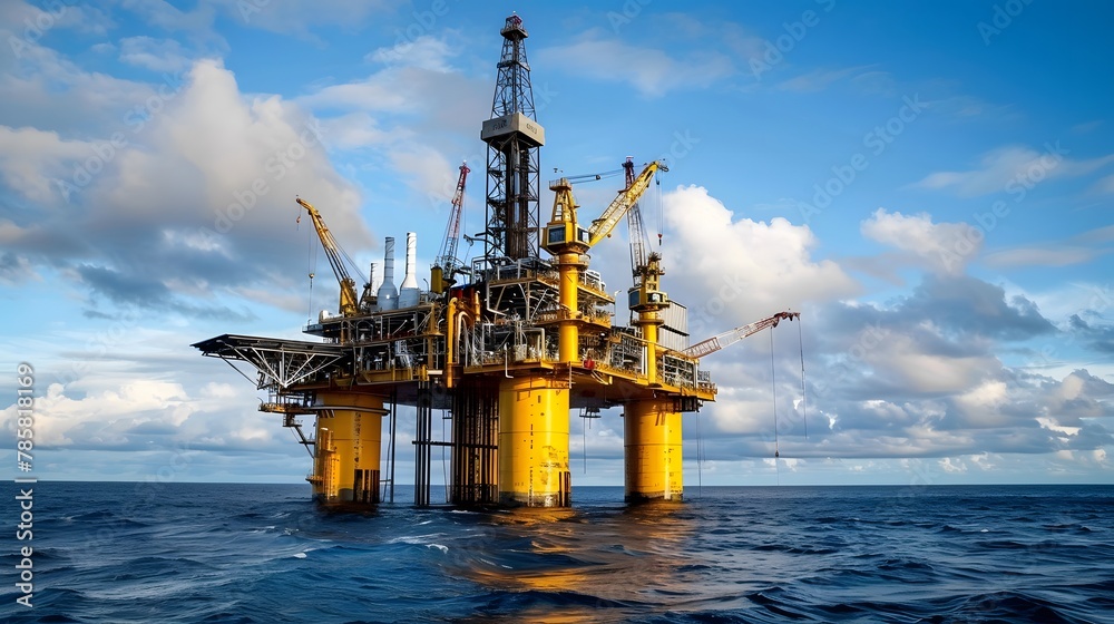A oil platform in the middle of an ocean, with a sky blue. The oil rig stands tall on its base with several colorful lights shining brightly against the backdrop of deep blues and whites. 