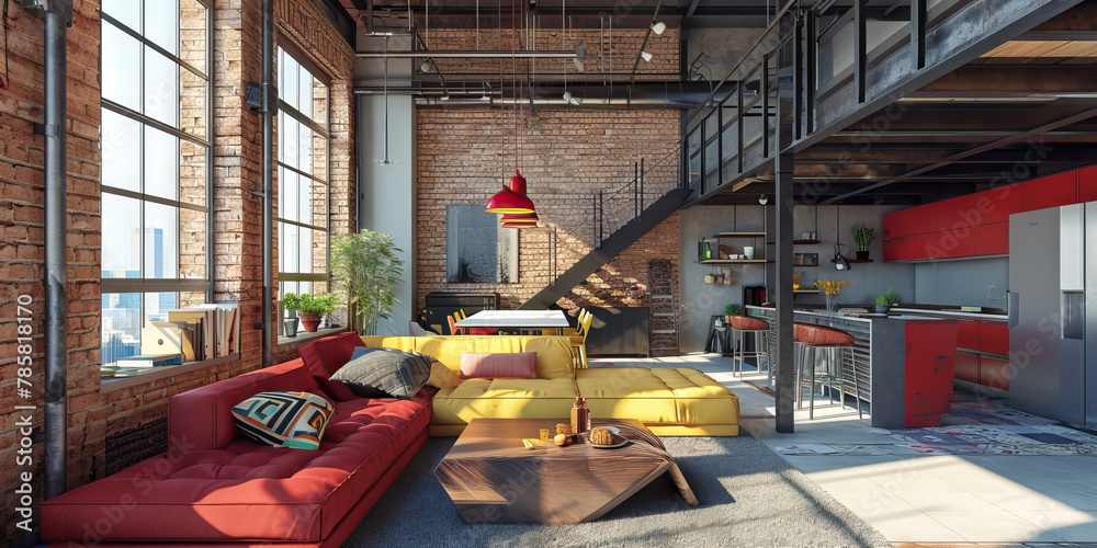 View of Industrial Loft: An Urban Interior with Exposed Brick Walls and Metal ...