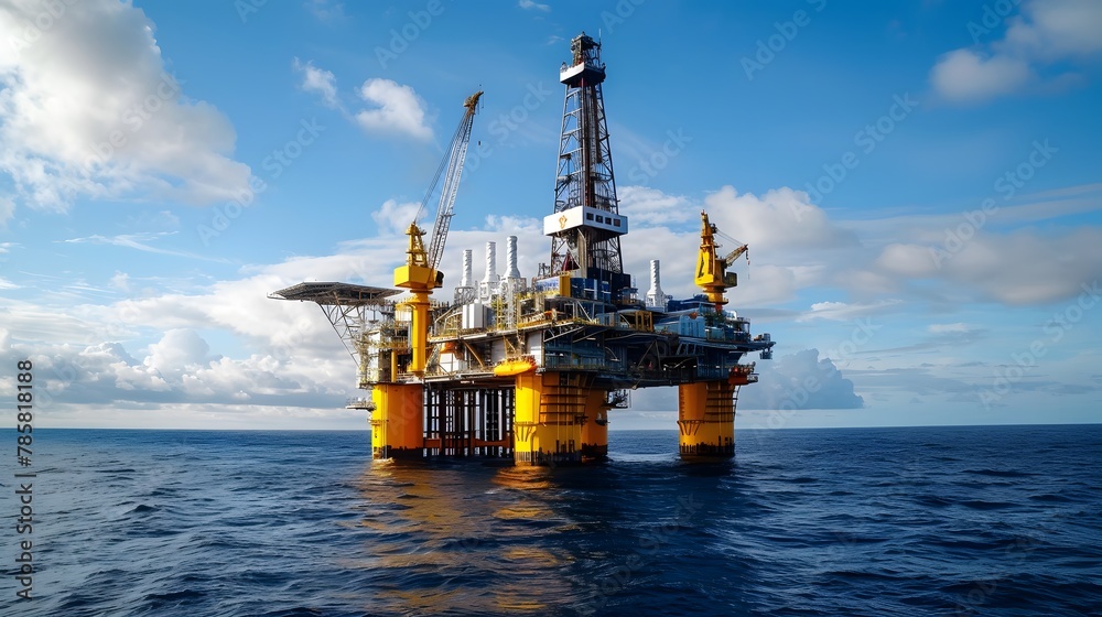 A oil platform in the middle of an ocean, with a sky blue. The oil rig stands tall on its base with several colorful lights shining brightly against the backdrop of deep blues and whites. 