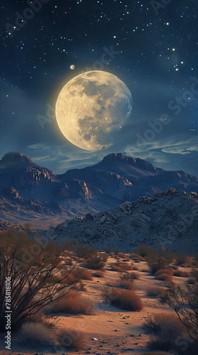 Moonlit Desert Mirage: A Desert Landscape Bathed in Moonlight, Emanating Mystery and Solitude.