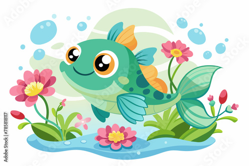 Charming fish cartoon animal adorned with flowers on a white background