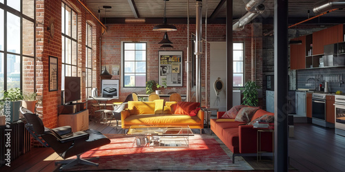 Industrial Loft: An Urban Interior with Exposed Brick Walls and Metal Fixtures, Symbolizing Urbanity, modern photo