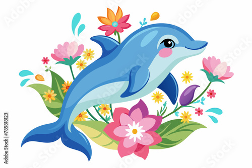 Charming fish and dolphin animals adorned with flowers frolic in a whimsical underwater scene.
