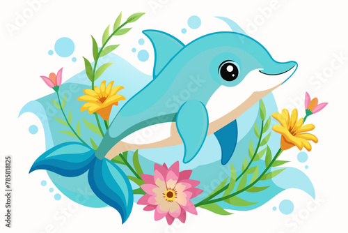 A charming fish dolphin animal adorned with vibrant flowers swims gracefully through a watery wonderland.