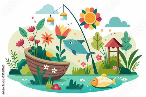Fishing charming with flowers on a white background.