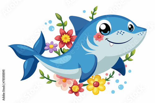 Fish shark animal cartoon charming with flowers.