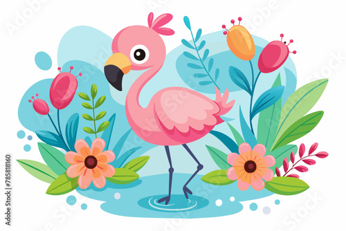 A charming flamingo cartoon animal with flowers on its head  standing on one leg.