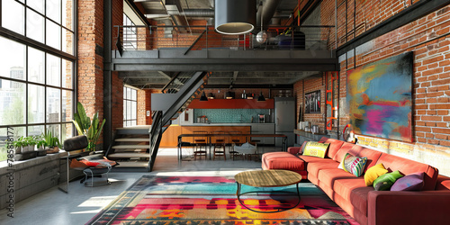 Industrial Loft: An Urban Interior with Exposed Brick Walls and Metal Fixtures, Symbolizing Urbanity, modern photo