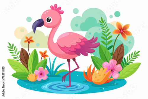 Charming flamingo cartoon character adorned with vibrant flowers.