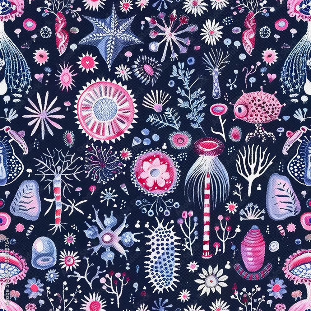Marine Life Watercolor Seamless Pattern on Navy Background Marine Life Watercolor Seamless Pattern on Navy Background