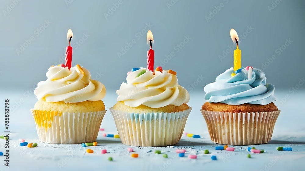 Cheerful birthday cupcakes with white frosting and bright candles, simple and feminine Cheerful birthday cupcakes with white frosting and bright candles, simple and feminine