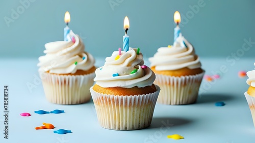 Cheerful birthday cupcakes with white frosting and bright candles, simple and feminine