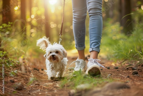 Walking the Dog on a Forest Trail in Golden Sunset