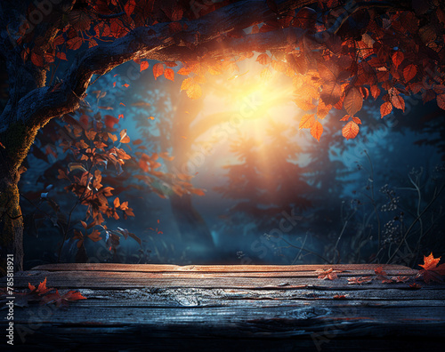 Beautiful Empty wooden table with fall leaves, glowing sun set and blurry seasonal colors. Autumn copy space background,