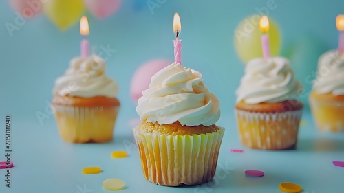 Colorful birthday cupcakes with white frosting and candles on light blue background  bright and cheerful