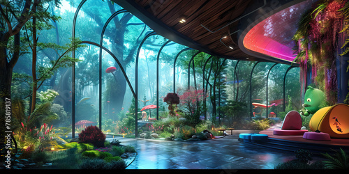 Mythical Creature Conservatory: A Conservatory-style Interior with Mythical Creature Enclosures and Enchanted Forest Views, Evoking Fantasy