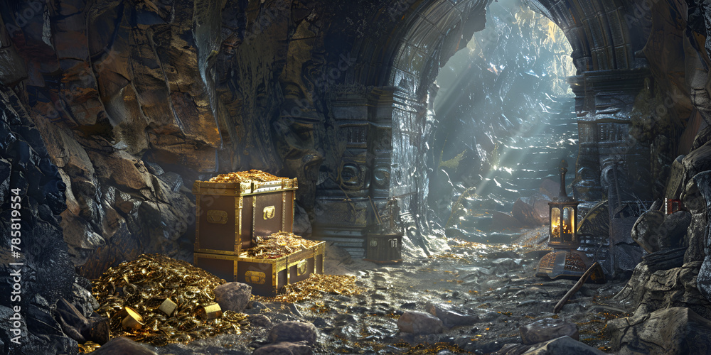 Pirate's Treasure Chest Full of Gold Coins - obrazy, fototapety, plakaty 