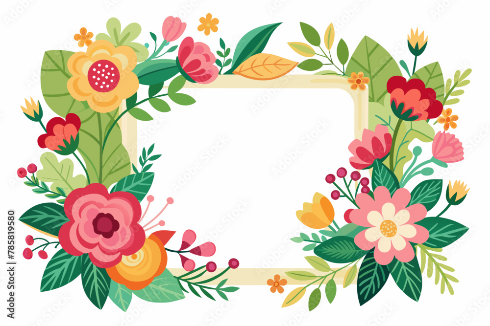 A charming cartoon frame adorned with vibrant flowers against a crisp white background.