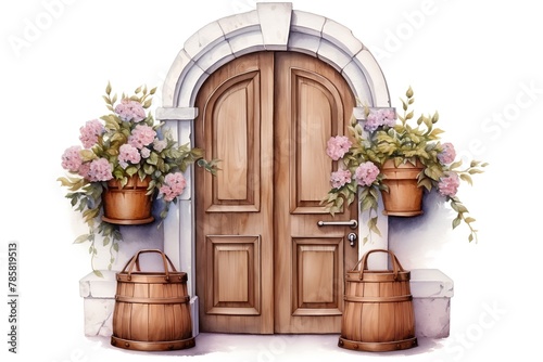 Watercolor wooden door with flowers in pots. Hand drawn illustration.