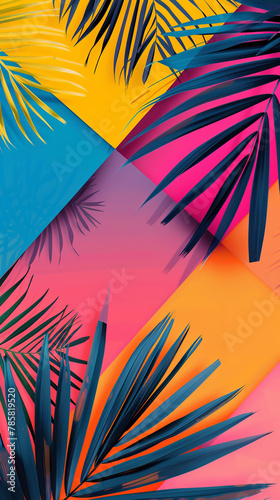 A blue and pink palm leaf pattern on a yellow, blue, and pink background.