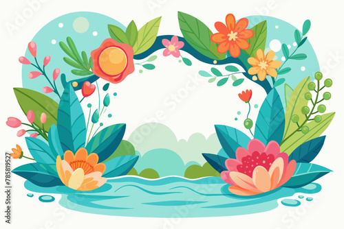 Charming cartoon frame adorned with vibrant flowers on a pristine white background.