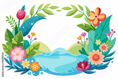 Charming cartoon frame adorned with vibrant flowers on a pristine white background.