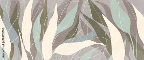 Abstract botanical art background with plant leaves with watercolor texture. Banner with tropical and exotic plants for wallpaper, decor, print, textile, poster, interior design.