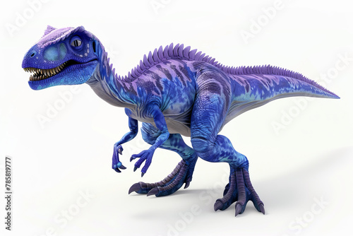 A blue and purple dinosaur with a long tail and sharp teeth