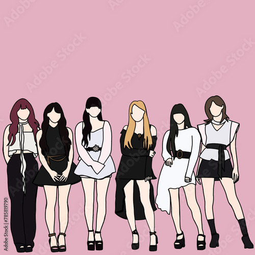 Vector illustration of six-member kpop idol girl group with girls crush concept. Street idols of Korea. K-pop female fashion idols. red carpet at an awards show for idols