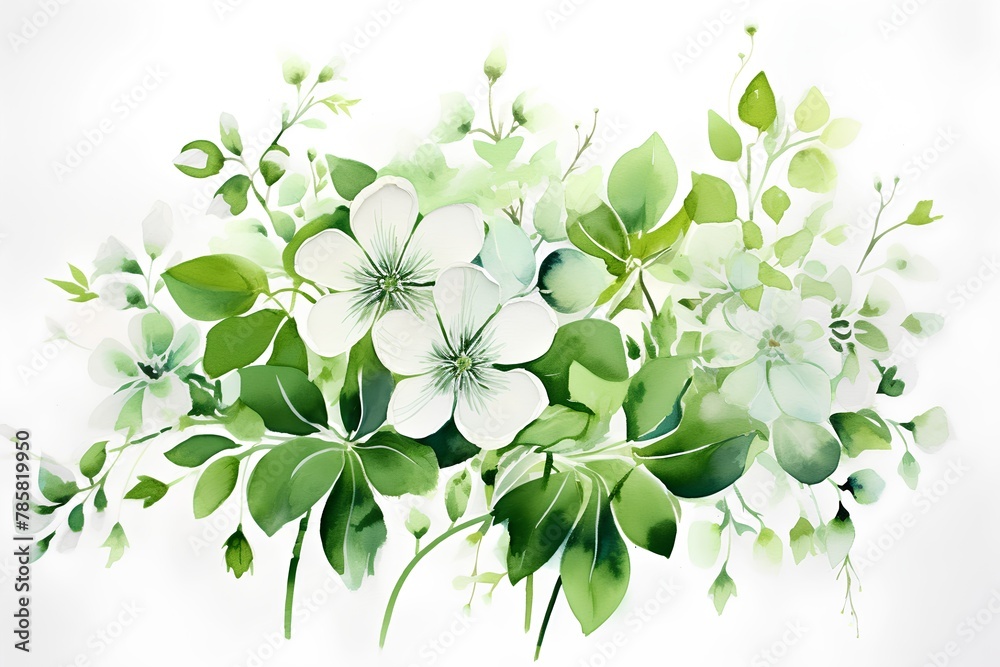 Watercolor floral background with green leaves and flowers. Vector illustration.