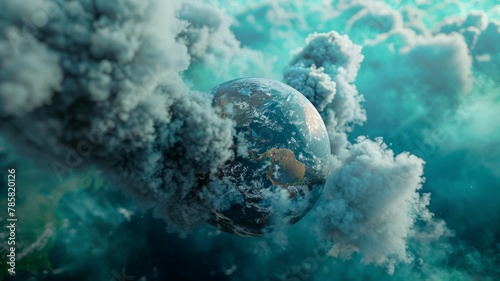 Earth encased in ethereal cloud formations - A conceptual image depicting Earth surrounded by thick, swirling clouds, suggesting climate change impacts