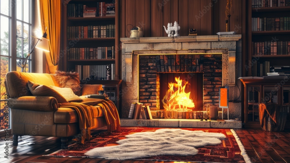 Cozy library room with roaring fireplace - A luxurious library room with a warm fireplace, comfortable armchair, and book-filled shelves A perfect retreat for relaxation and reading
