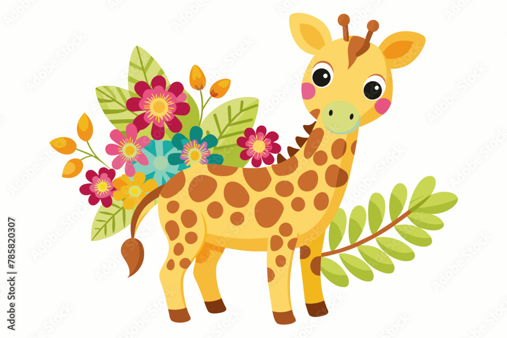 Charming cartoon giraffe adorned with vibrant flowers. Charming cartoon giraffe adorned with vibrant flowers.